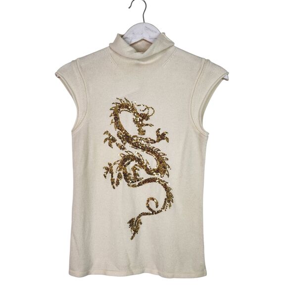 IISLI Sweater Womens Medium Winter White Dragon Sequin Sleeveless Cashmere Top - Picture 1 of 12